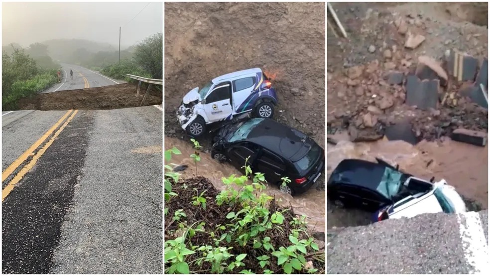 Carros caem em cratera aberta pela chuva no Ceará, e sete pessoas ficam feridas