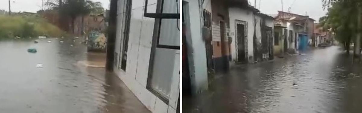 Fortaleza tem manhã de chuvas intensas com alagamentos, transbordamento de canal e trânsito engarrafado; veja vídeo