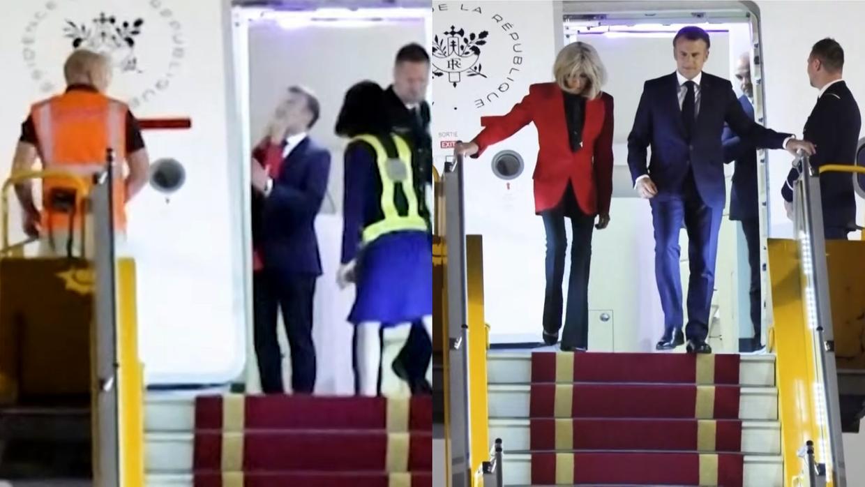 Emmanuel Macron aparece em vídeo sendo empurrado pela esposa após pousar no Vietnã; assista
