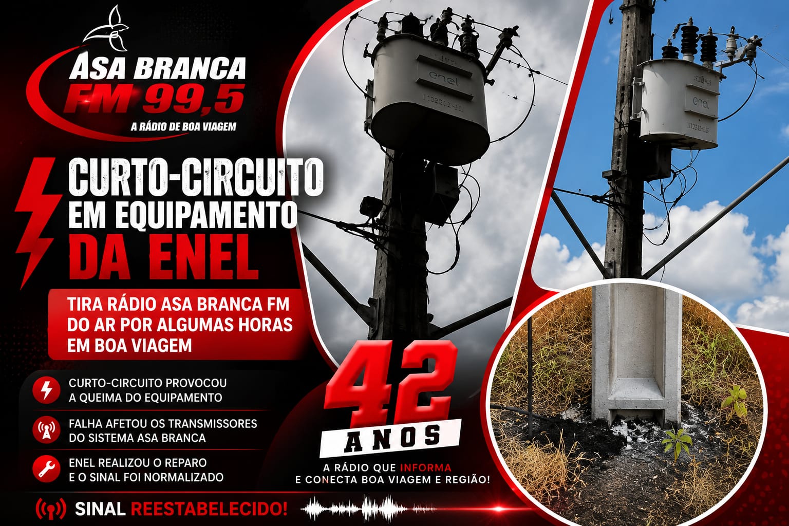 Curto-circuito em equipamento da Enel tira Rádio Asa Branca FM do ar por algumas horas em Boa Viagem