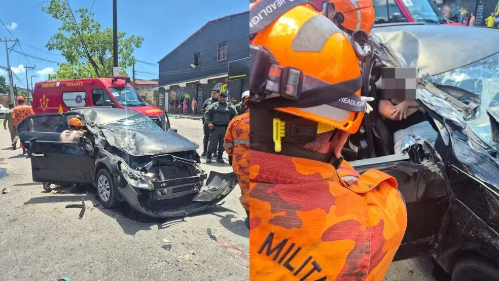 REGIONAL – Carro colide contra ônibus, motorista foge e deixa esposa presa às ferragens, em Fortaleza